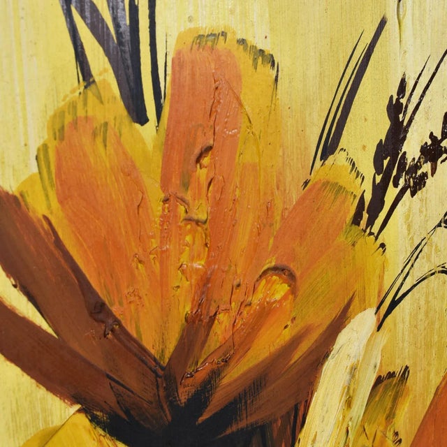 Wood Eric Marshall Yellow and Orange Mid-Century Modern Flower Painting For Sale - Image 7 of 12