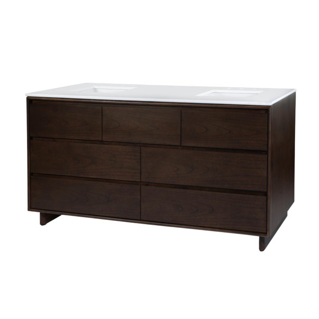 Modern Halmstad 72 in. W Rectangular Wood Double Sink 5 Drawer Bathroom Vanity Set, Walnut For Sale - Image 3 of 11