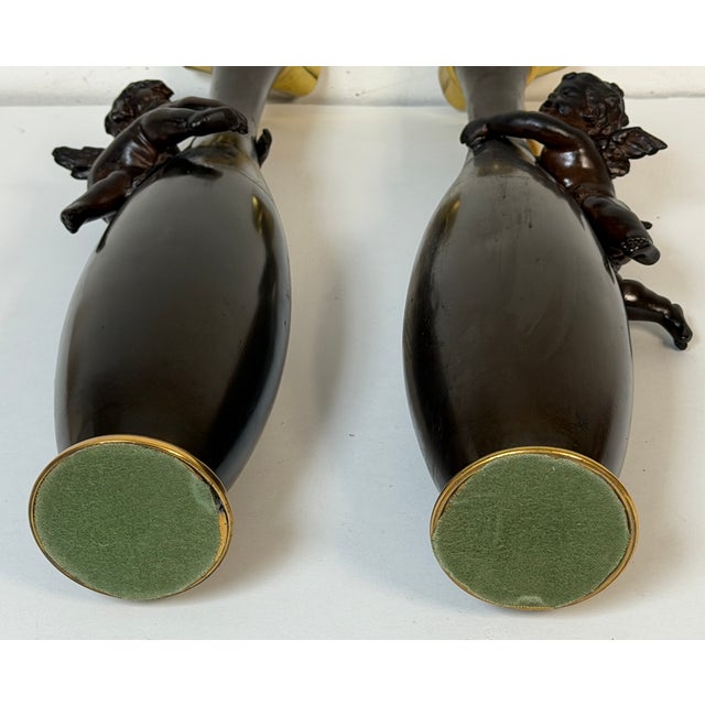 Traditional Pair 19th C. Gilt & Patinated Metal Cupid Candlesticks, After Auguste Moreau For Sale - Image 3 of 12