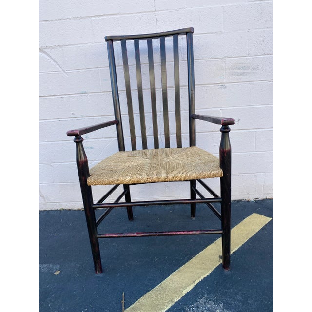 Set of 8 Elegant High Quality Wood Dining Chairs: Tall Back Dessin Fournir Slat Back Black Hand Rubbed Ebonized Wood With Rush Seats. Set of 8 For Sale - Image 11 of 12