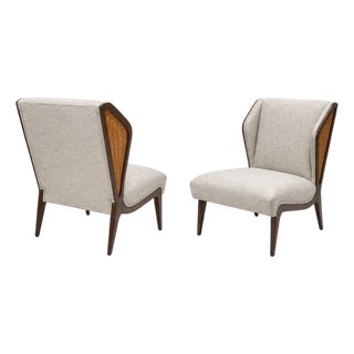 Walnut and Rattan Mid-Century Italian Lounge Chairs - Pair For Sale