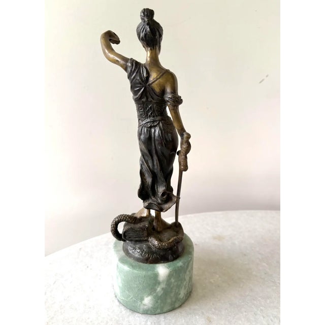 Vintage Art Deco bronze statue of Lady Justice signed by artist Alois Mayer and mounted on a green marble base. Felted...