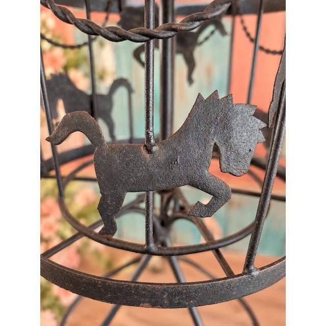 Rustic Distressed Black Metal Carousel Horse Sculpture | 28" Rotating Decor With Ornate Base For Sale - Image 3 of 5
