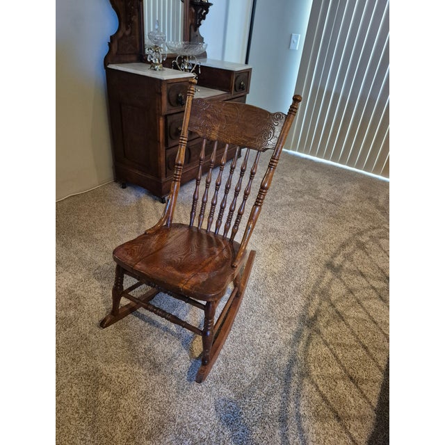 Antique Pressed Back Oak Rocking Chair For Sale - Image 9 of 10