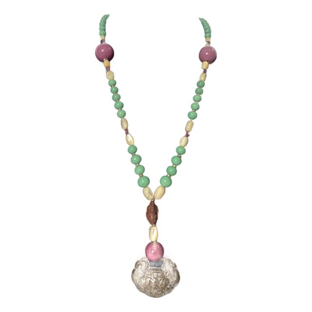 Early 20th Century Chinese Repousse Silver Amulet Pendant Necklace For Sale