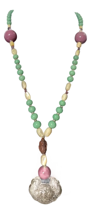 Early 20th Century Chinese Repousse Silver Amulet Pendant Necklace