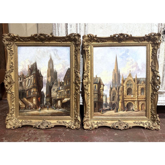 Blue Pair 19th Century European Townscape Oil Paintings by H. Schafer For Sale - Image 8 of 15