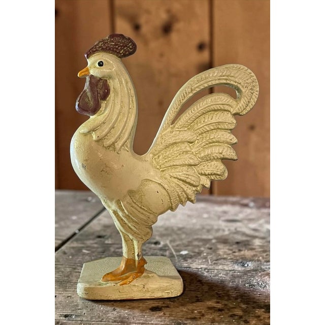 Early 1900's Cast Iron Rooster Door Stop With Original Paint and Rubber Bottom, Fully Intact For Sale - Image 4 of 6