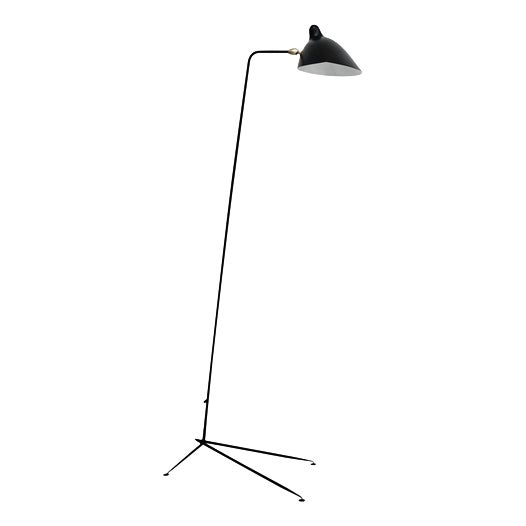 Mid-Century Modern Black One-Arm Standing Lamp in Aluminum, Brass and Steel by Serge Mouille For Sale