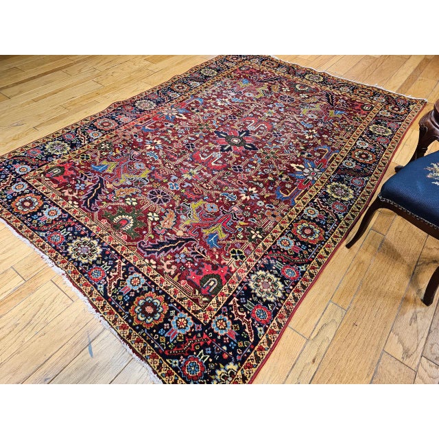 Vintage Persian Heriz Serapi Rug, Hand-Knotted Wool, All-Over Geometric Pattern, Red & Navy, 7x10 For Sale - Image 14 of 14