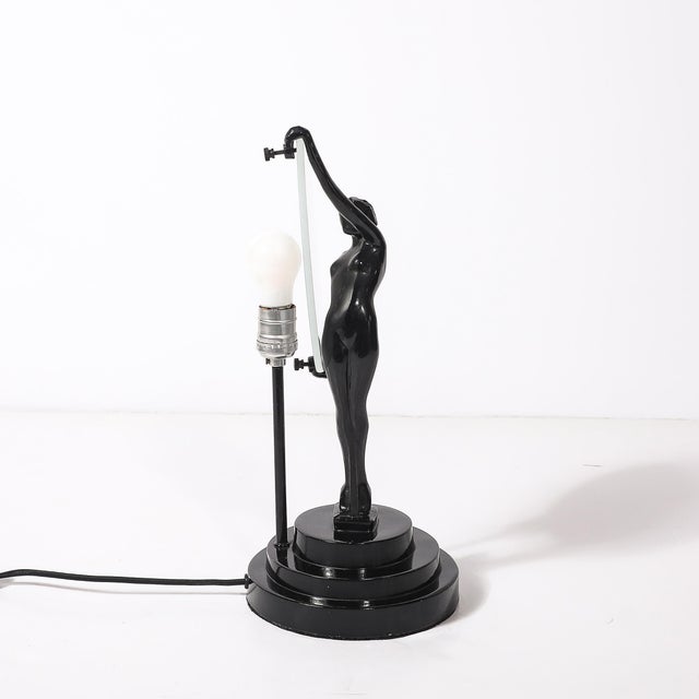 Art Deco Sculptural Nude Table Lamp in Black Enamel & Frosted Glass For Sale - Image 10 of 12