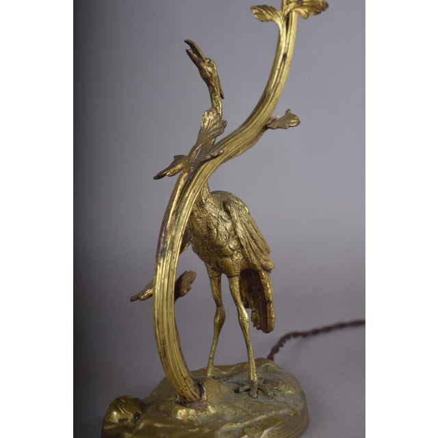 1920s Art Deco Gilt Bronze Sculpted Crane Table Lamps with Branch and Leaf Stems, Europe, 1930s, Set of 2 For Sale - Image 5 of 17