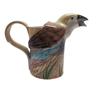Hand-Painted Ceramic Parrot Bird Pitcher Vase Figural Colorful 7" Tall Signed E. Bolz For Sale