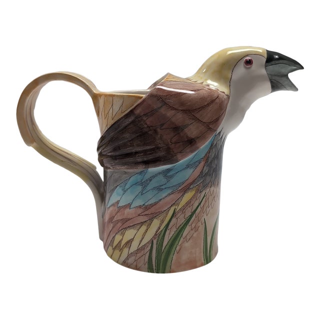 Hand-Painted Ceramic Parrot Bird Pitcher Vase Figural Colorful 7" Tall Signed E. Bolz For Sale