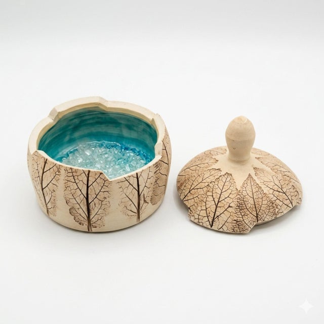 Late 20th Century Vintage Studio Pottery Jewelry Box Lidded Leaf Imprint Ceramic Trinket Box Turquoise Interior For Sale - Image 5 of 7