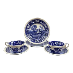 Vintage Copeland Spode Blue and White ‘Spode’s Tower’ Transferware Tea Set for Two - 6 Pieces