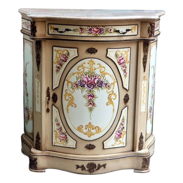 French-Style Floral Cabinet – Hand-Painted Romantic Details, Marble Top & Ornate Bronze Accents For Sale