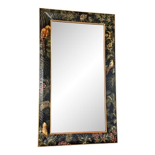 Late 20th Century Monumental Hand-Painted Tropical Floor Mirror With Rattan Accents For Sale