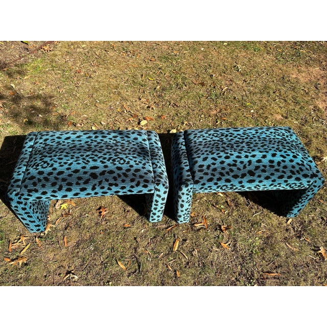 1980s Vintage Leopard Waterfall Stools Reupholstered With Blue Leopard by Lillian August for Hickory White Fabric - Set of 2 For Sale - Image 11 of 12