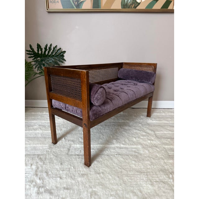 Wood 1950s Vintage Mid-Century Modern Tufted Cane Back Bench For Sale - Image 7 of 11