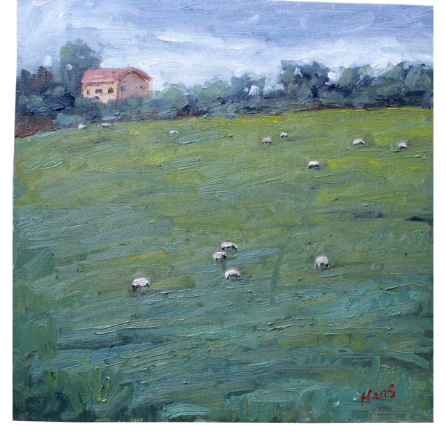 Sheep Grazing Contemporary Landscape Oil Painting For Sale