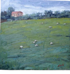 Sheep Grazing Contemporary Landscape Oil Painting