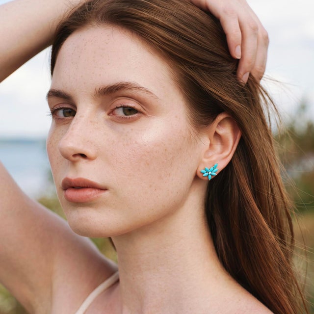Contemporary Nina Zhou 2.14ctw Turquoise & Diamond Cluster Earrings in 14k Gold For Sale - Image 3 of 7