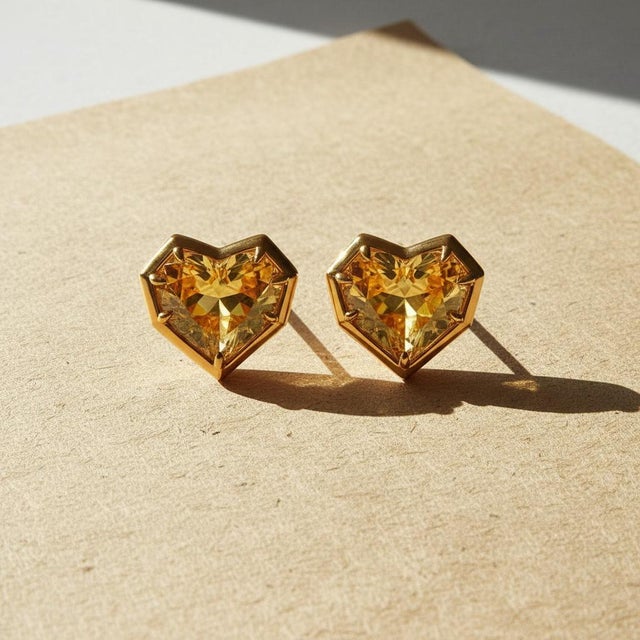 Not Yet Made - Made To Order Geometric Heart Citrine Stud Earrings, Silver, Gold, Pair For Sale - Image 5 of 9