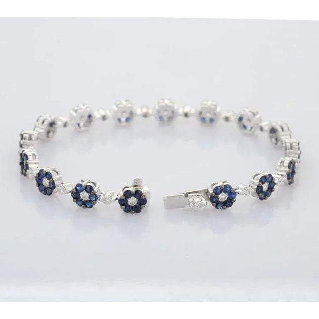 Not Yet Made - Made To Order 5.09ct Sapphire Diamond Floral Bracelet in 18k White Gold- Gift for Her For Sale - Image 5 of 11
