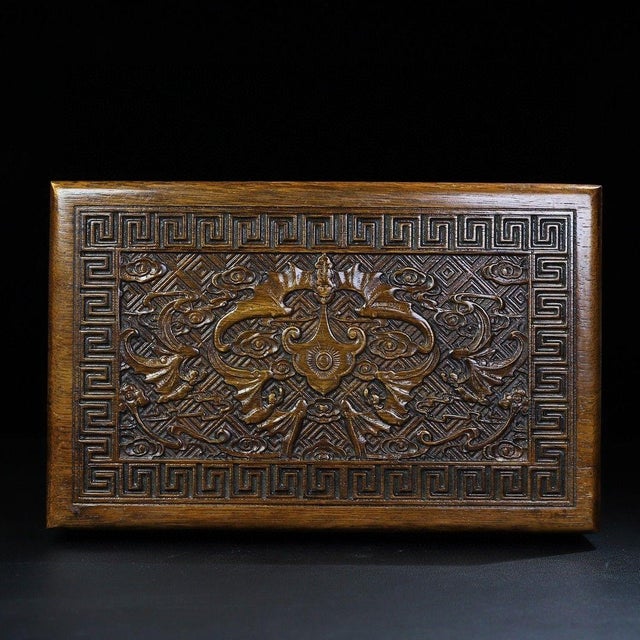 Wood Hand-Carved Wooden Treasure Box With Brass Hardware & Dragon Motif For Sale - Image 7 of 9