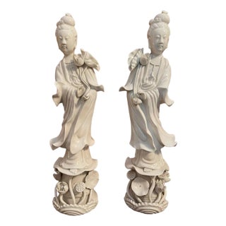 Chinese Guanyin Ceramic Statues, 1800s, Set of 2 For Sale
