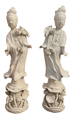 Chinese Guanyin Ceramic Statues, 1800s, Set of 2