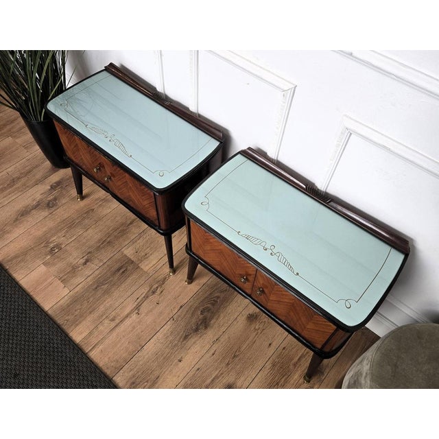 Mid-Century Art Deco Italian Nightstands with Walnut Glass Top, 1950s, Set of 2 For Sale - Image 6 of 11