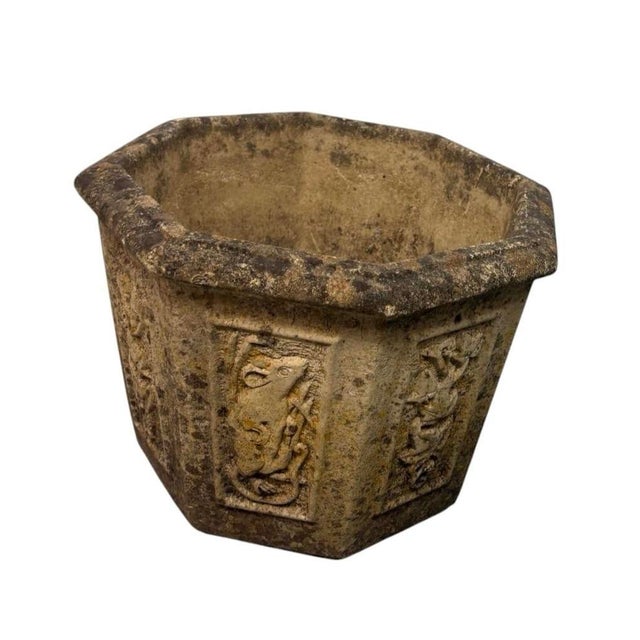 Mid-Century Modern Pair of Vintage Hexagonal Cast Stone Garden Planters With Relief Wildlife Panels For Sale - Image 3 of 12