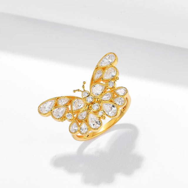 Nina Zhou Jewelry Nina Zhou Butterfly Diamond Cocktail Ring in 14k Yellow Gold, size 7 For Sale - Image 4 of 7