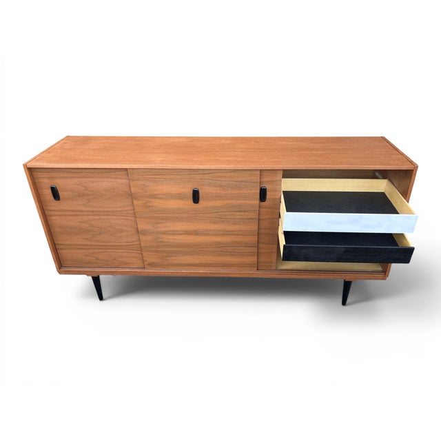 1960s Mid-Century Modern Teak Buffet Credenza With Sliding Doors & Adjustable Shelves For Sale - Image 5 of 15