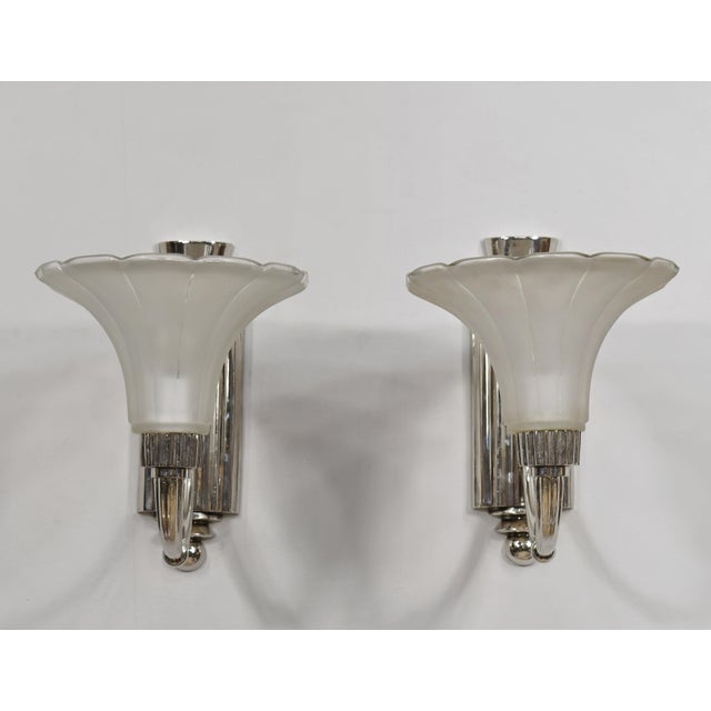 Art Deco Petitot & Degue French Art Deco Nickeled Bronze & Frosted Glass Modernist Wall Sconces 1930s - A Pair For Sale - Image 3 of 14