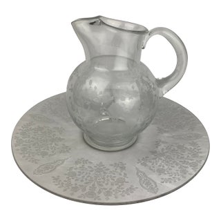 Early 20th Century Etched Glass Pitcher With Matching Glass Round Tray For Sale