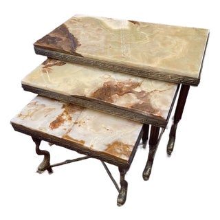 Hollywood Regency Ornate Brass Three Nesting Tables With Marble Tops and Brass Dolphin Legs - Set of 3 For Sale