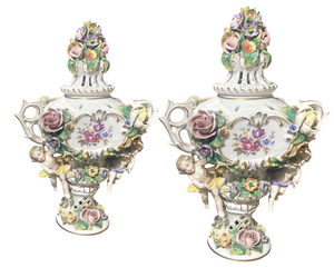 19th Century Capodimonte Polychrome Porcelain Incense Burners Vases with Flowers and Winged Cherubs, Set of 2