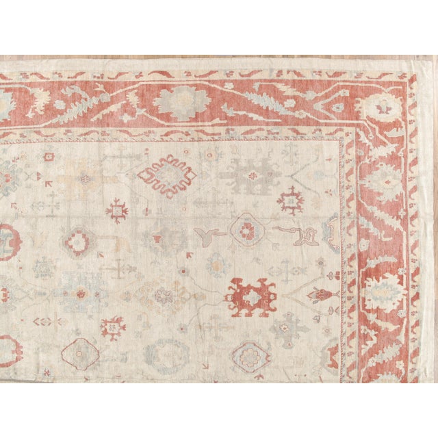Turkish Oushak Carpet, 1950s, Handmade Oriental Rug, Beige, Taupe, Coral For Sale - Image 14 of 18