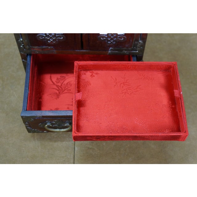 Mid 20th Century Chinese Rosewood & Brass Inlaid Locking Jewelry Box Tansu Cabinet 12" For Sale - Image 15 of 18