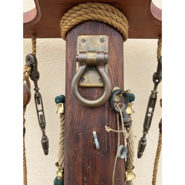 Vintage Custom Nautical Wood 95" Ship Mast Mancave Bar Island W Pulley & Ropes For Sale - Image 4 of 18