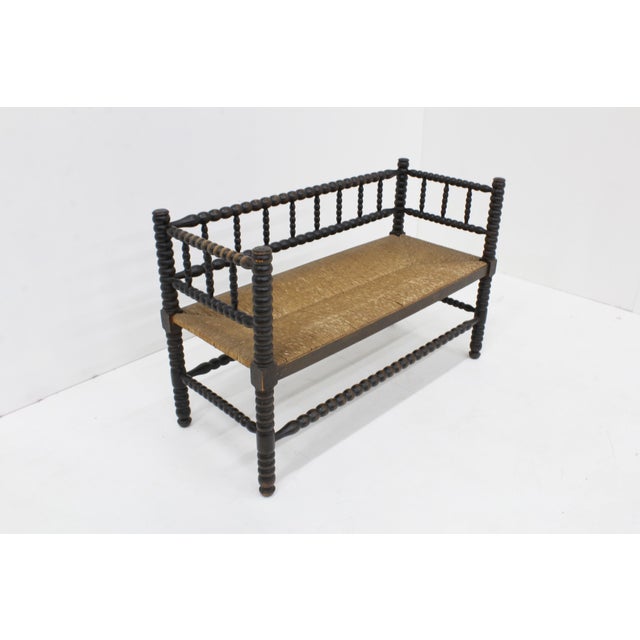 Vintage Bobbin Bench with Rush Seat, 1920s For Sale - Image 6 of 8