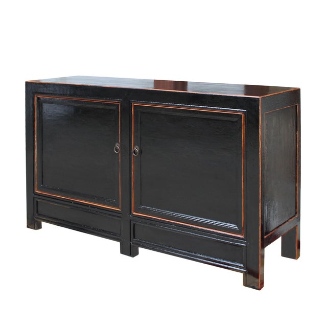 Distressed Rustic Gloss Black Lacquer Credenza Sideboard Table