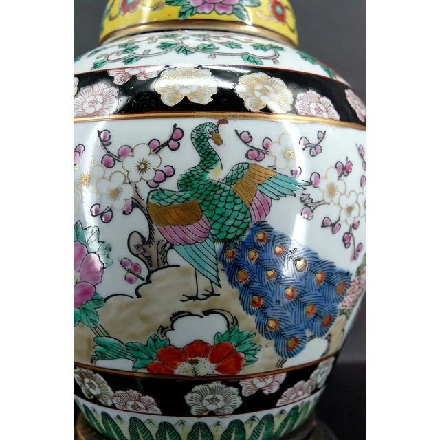 Asian porcelain vase mounted as a lamp. Floral and animal decor: peacocks. China, first part of the 20th century. Very...