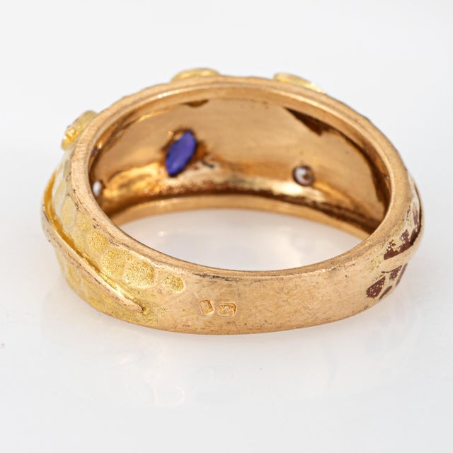 Metal 80s Portuguese Vine Leaf Ring 19k Yellow Gold Sapphire Diamond Band Sz 8.5 For Sale - Image 7 of 7