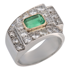 Retro Style 1.38 Carat Emerald Diamond Platinum Tank Ring, Size 7.5