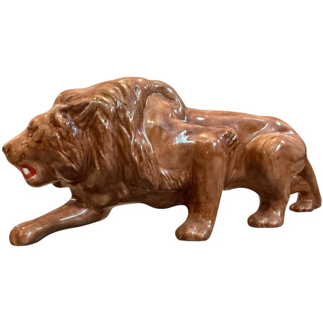 Vintage Glazed Ceramic Lion Sculpture, Reclining Big Cat For Sale In Portland, ME - Image 6 of 7