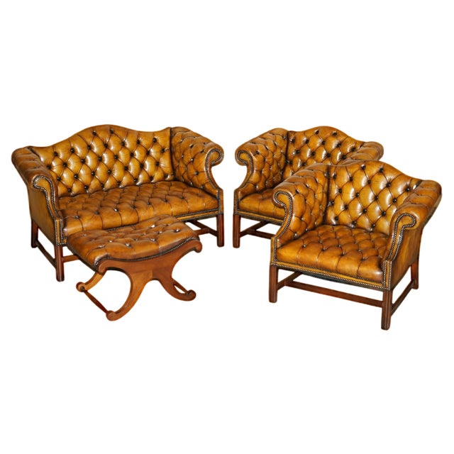 Antique Brown Leather Chesterfield Library Living Room Set, Set of 4 For Sale
